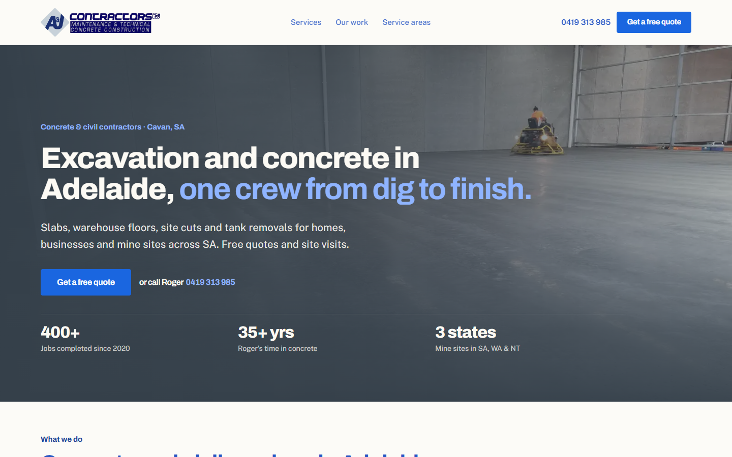 The top of the A&J Contractors home page on a computer.