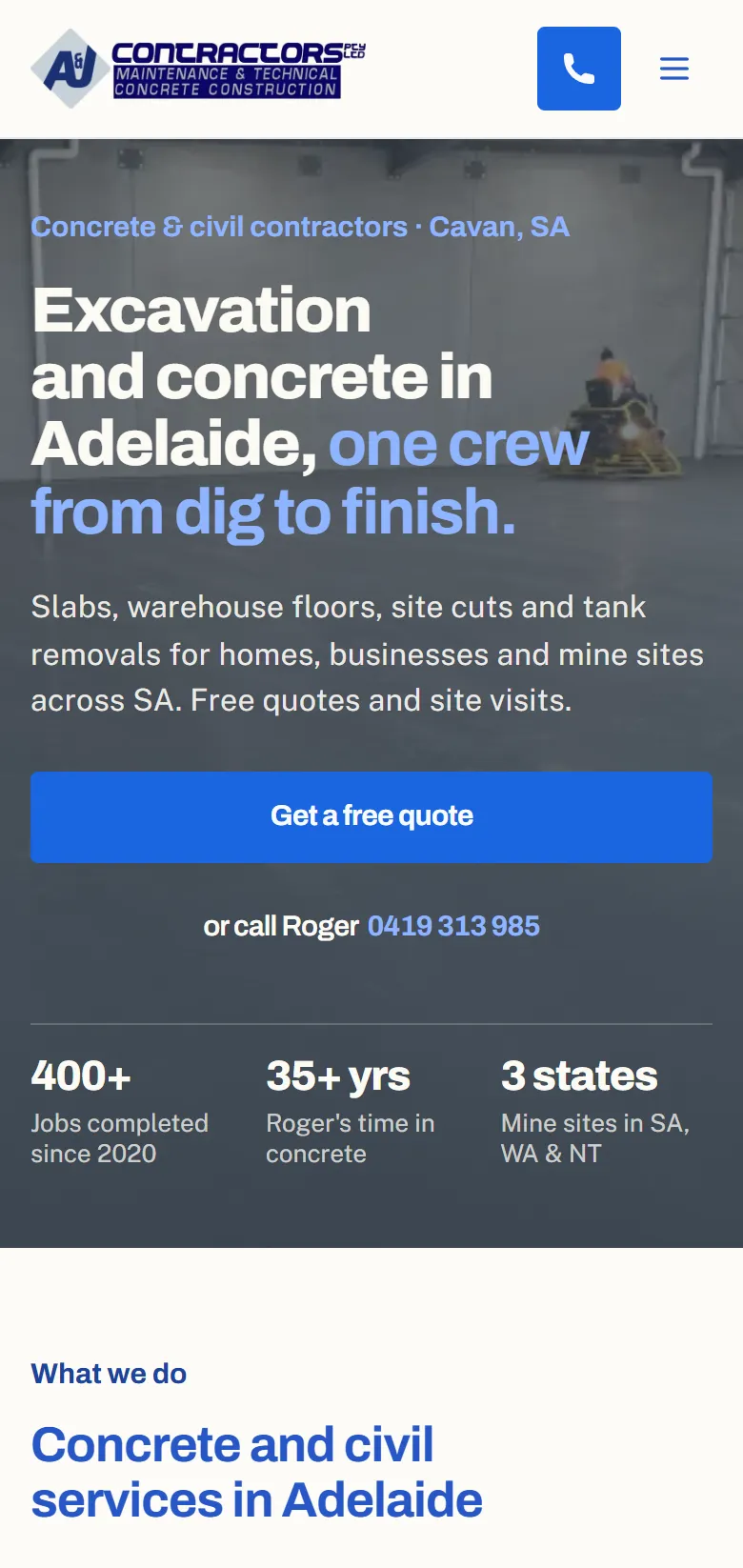 The A&J Contractors website on a phone, scrolling