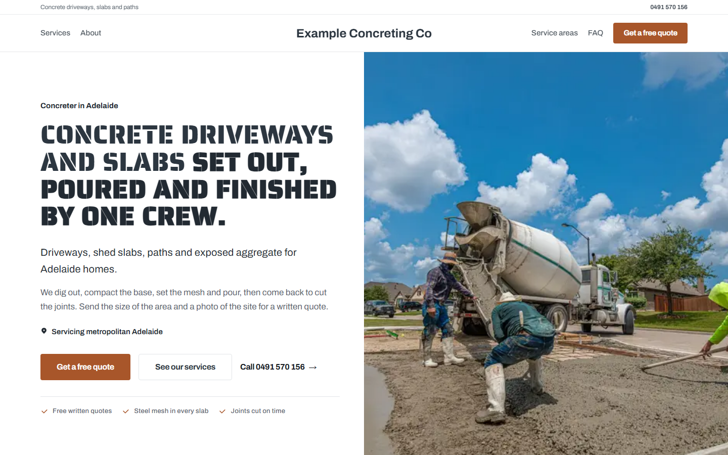 Sample concreter website shown on a computer. A made-up business.