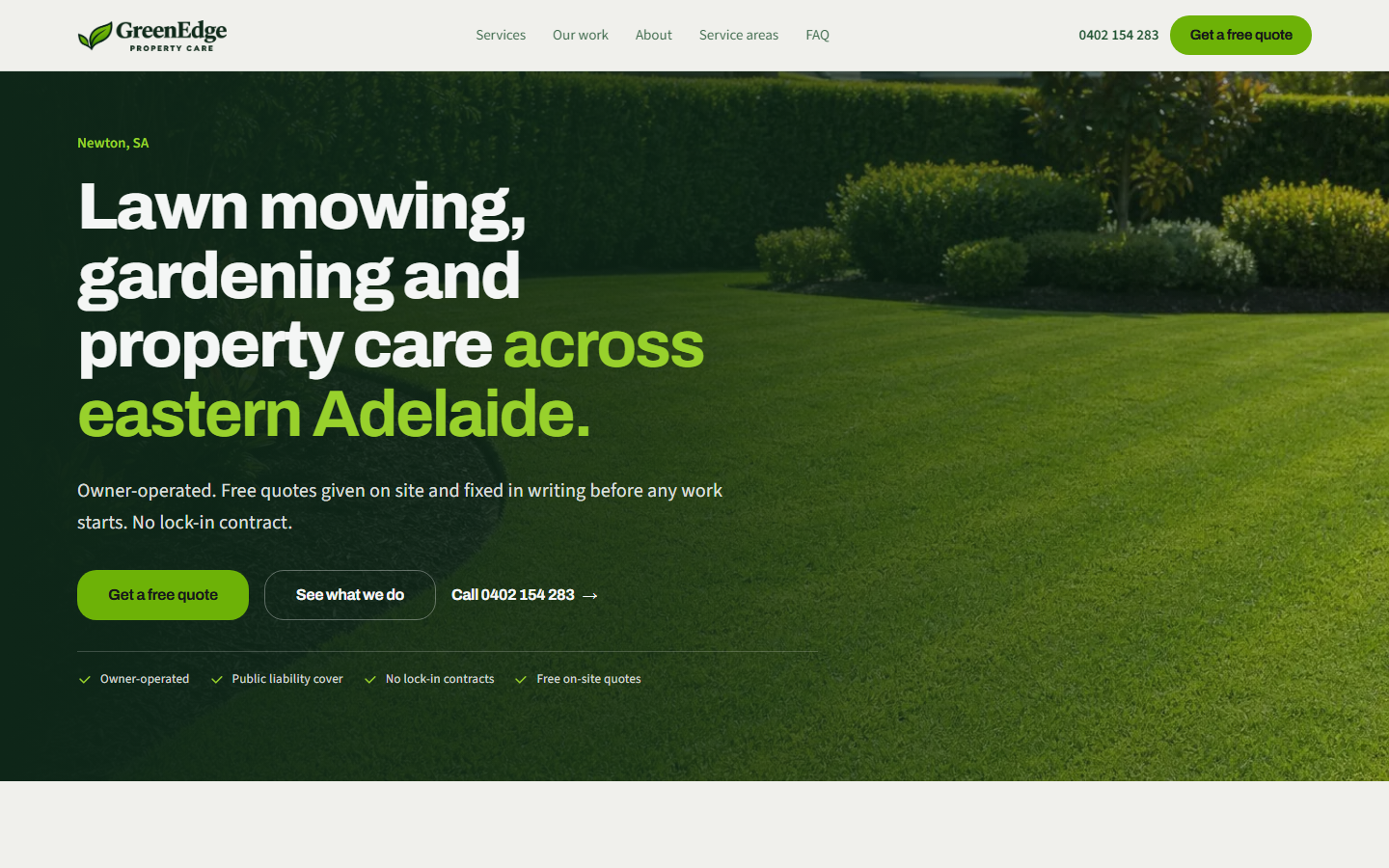 The top of the GreenEdge Property Care home page on a computer.