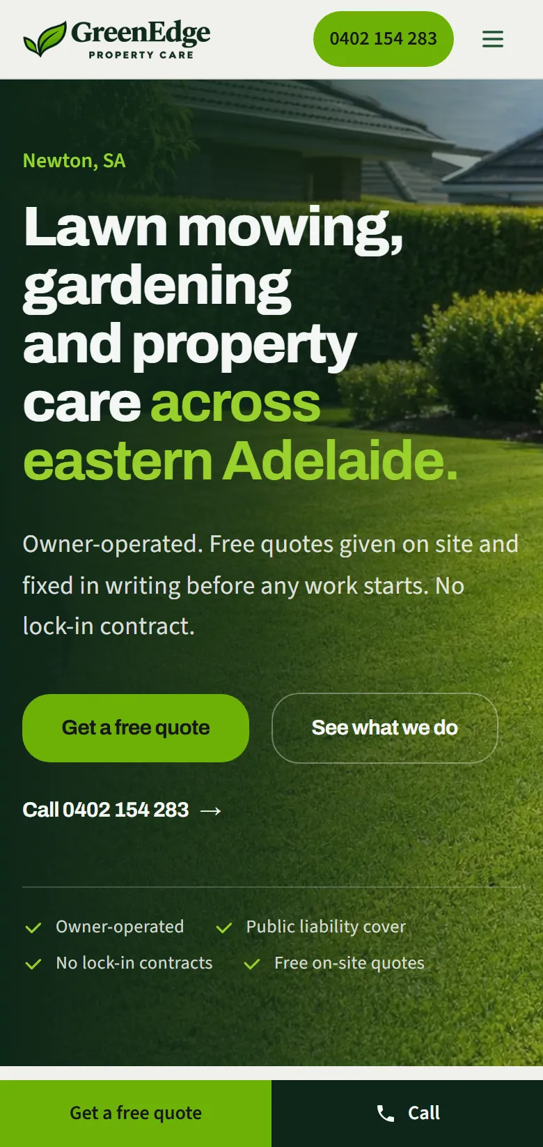 The GreenEdge Property Care website on a phone, scrolling